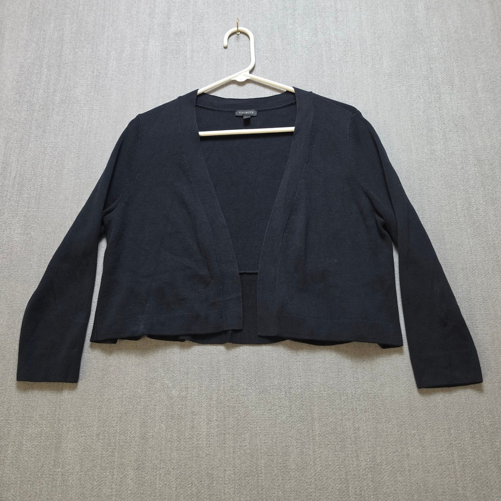 Talbots Cardigan Women M Black Open Front Cotton Modal Cropped Sweater